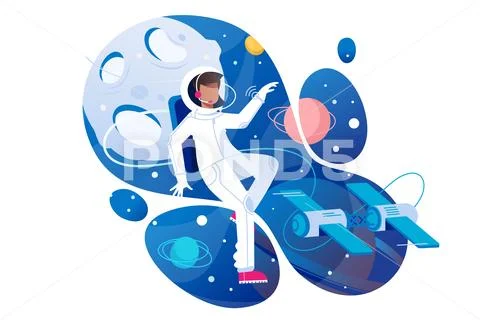 Flat young man cosmonaut in space with spacesuit. Stock Illustration