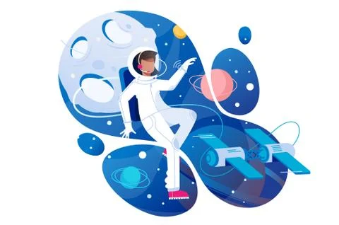 Flat young man cosmonaut in space with spacesuit. Stock Illustration