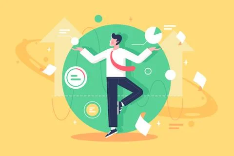 Flat young man employee control data, diagram and paper at work. Stock Illustration