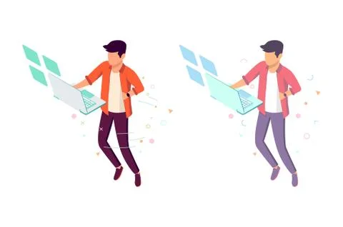 Flat young man with future interface and laptop hung in air. Stock Illustration