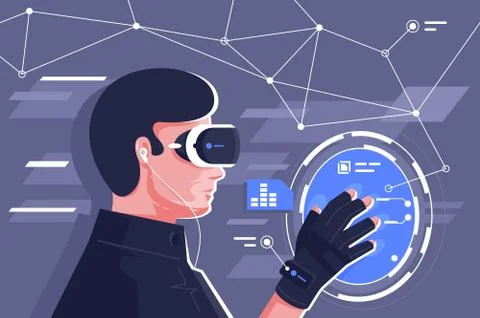 Flat young man with helmet and controllers in virtual reality. Stock Illustration