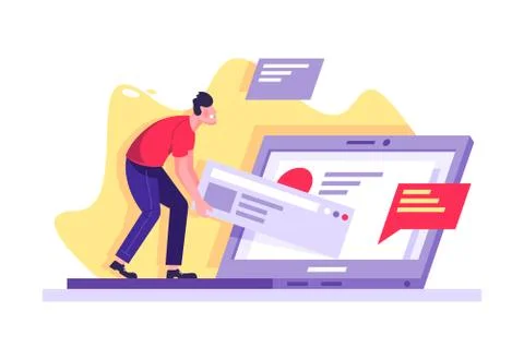Flat young man with laptop working on site drag the result of work. Stock Illustration