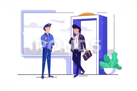 Flat young man with lush hairstyle, suitcase inspection at airport near police. Stock Illustration