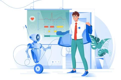 Flat young man on robot diagnostics with heart rate chart. Illustrazione stock