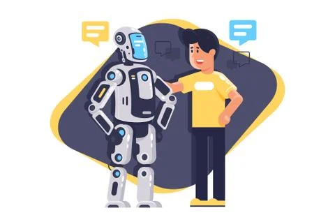 Flat young man talking to robot with speech bubble, robot and people. Stock Illustration