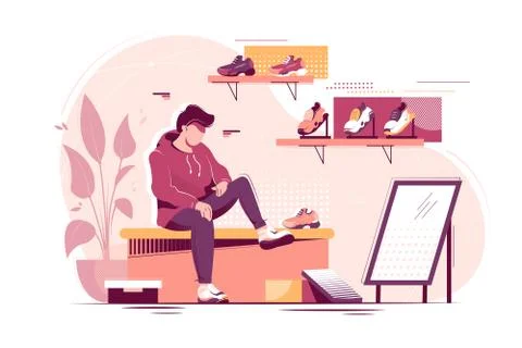 Flat young man trying measure sneakers in store. Stock Illustration