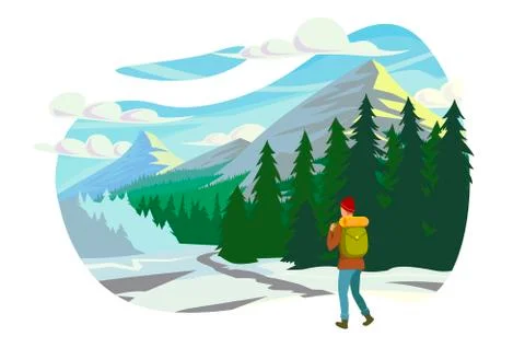 Flat young man with winter clothes and backpack in trip to mountains. Stock Illustration
