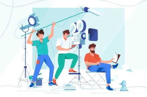 Flat young men with beard and movies shooting equipment. Stock Illustration