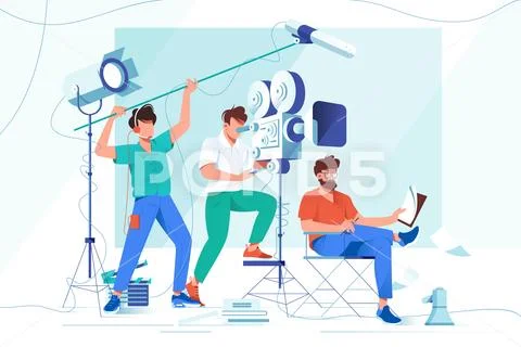 Flat young men with beard and movies shooting equipment. Stock Illustration