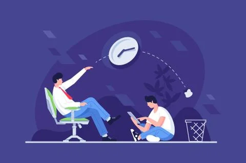 Flat young men in suit throws paper and sitting in tablet. Stock Illustration