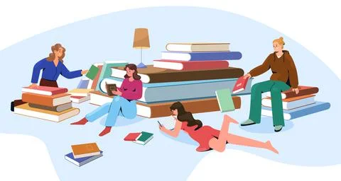 Flat young people read, exchange and borrow books in library Stock Illustration