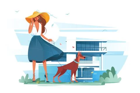 Flat young silhouette woman with hat, dress and dog near cottage. Stock Illustration