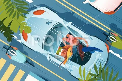 Flat young woman friend in cabriolet car on vacation. Stock Illustration