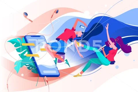 Flat young woman with mobile phone and headphones watching online stream with Stock Illustration