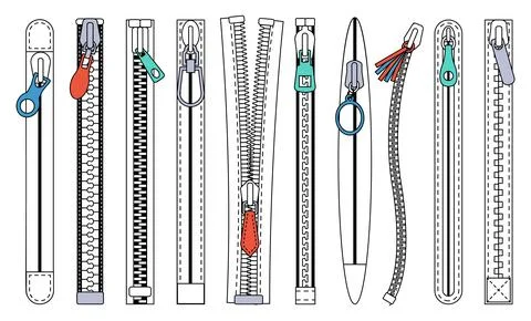 Flat zippers with pullers. Isolated zipper fastener, clothing industry and Stock Illustration