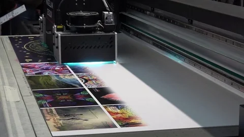 Flatbead UV printer Magellan, close up view of printing process Stock Footage 83372259