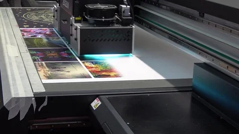 Flatbead UV printer Magellan, close up view of printing process Stock Footage 83372273