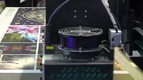 Flatbead UV printer Magellan, close up view of printing process Stock Footage 83422216