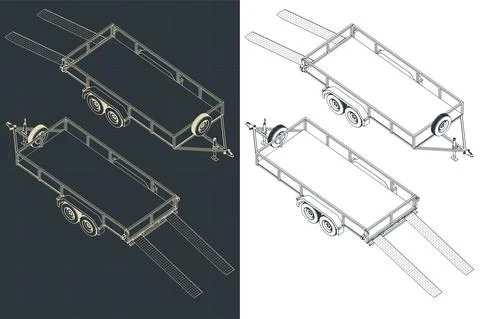 Flatbed trailer isometric blueprints Stock Illustration