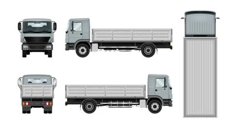 Flatbed truck vector mockup side, front, back, top view Stock Illustration