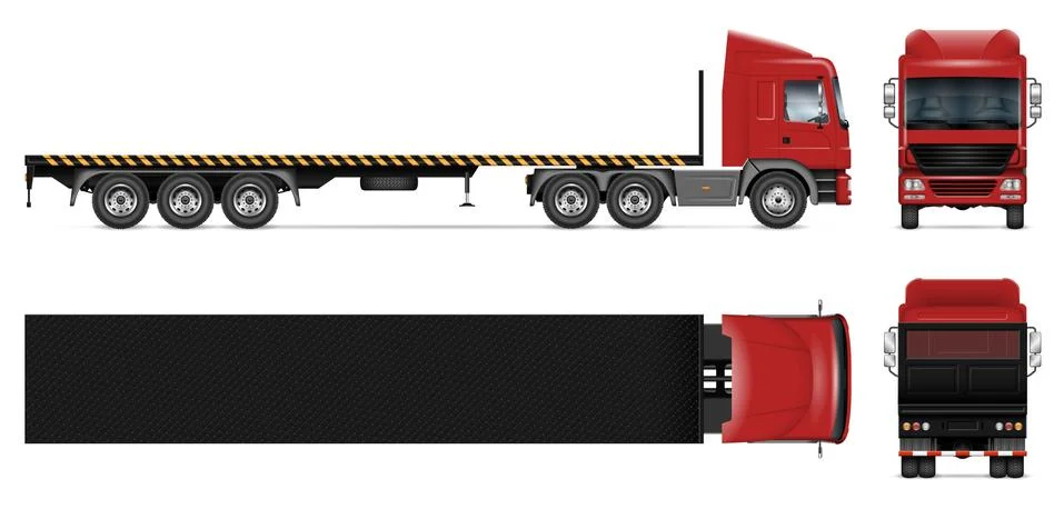 Flatbed truck vector mockup side, front, back, top view Stock Illustration