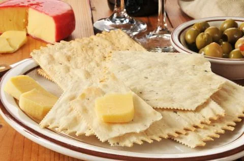 Flatbread crackers and gouda cheese Stock Photos