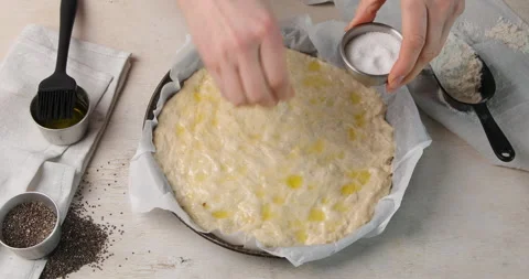 Flatbread, focaccia, pizza  preparing. Top view Stock Footage 277243282
