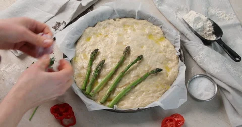 Flatbread, focaccia, pizza  preparing. Top view Stock Footage 278439320
