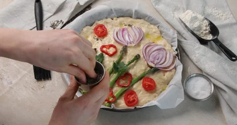 Flatbread, focaccia, pizza preparing. Top view Stock Footage 285300590