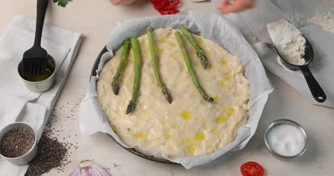 Flatbread, focaccia, pizza preparing. Top view Stock Footage 285300707