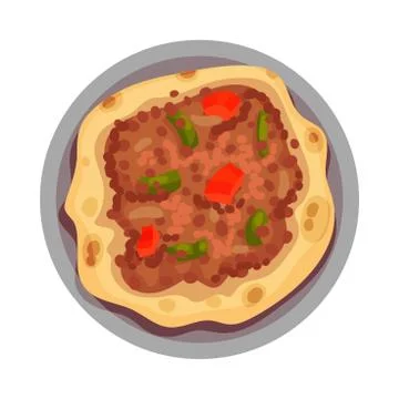 Flatbread with Forcemeat and Vegetables Served on Plate Top View Vector Illustrazione stock
