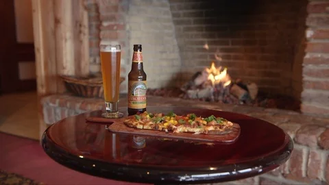 Flatbread Pizza and Beer Stock Footage 107290060