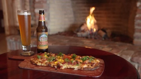 Flatbread Pizza and Beer Stock Footage 107290067