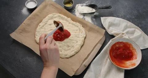 Flatbread, pizza or pinsa preparing.  Top view Stock Footage 270456648