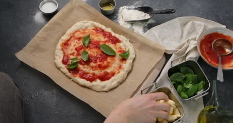 Flatbread, pizza or pinsa preparing. Top view Stock Footage 285591174