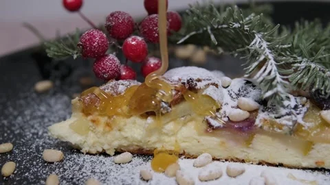 Flatbread Pizza with pear Gorgonzola and honey Pear and Brie Pie. New Year's Stock Footage 290874182