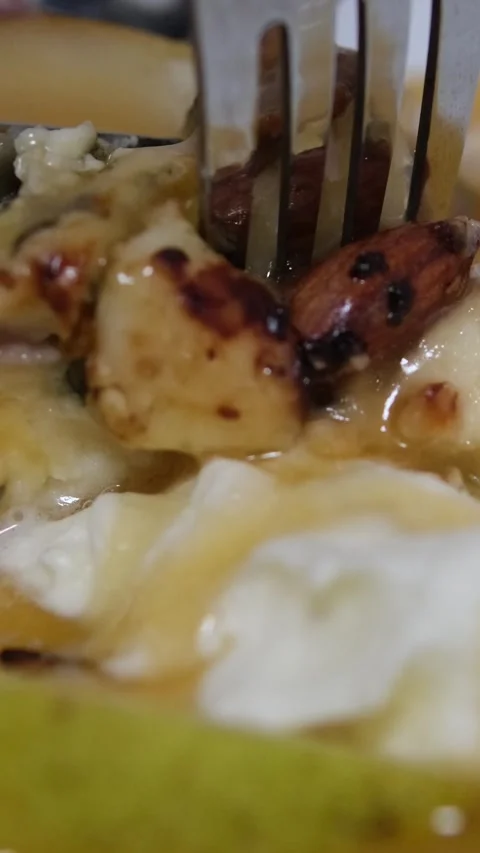 Flatbread Pizza with pear Gorgonzola and honey Pear and Brie Pie. New Year's Stock Footage 290884425