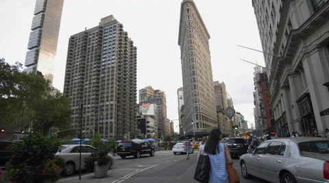 Flatiron Building 5th Ave Clock Manhattan New York City NYC 4K Cars People Stock Footage 41872812