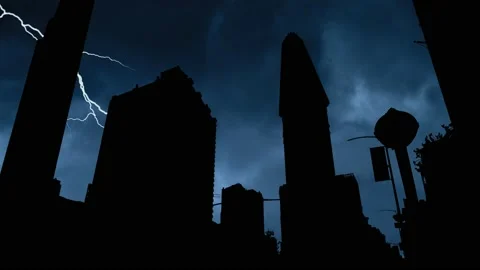 Flatiron Building, Manhattan: Lightning and Thunderstorm flash over Skyscrapers Stock Footage 149376844