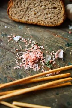 Flatlay and some different dishes in kebab house rustic style. Include starters Stock Photos