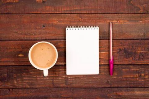 Flatlay background with a cup of coffee Stock Photos