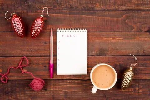 Flatlay background with knitting, coffee and a copyspace Stock Photos
