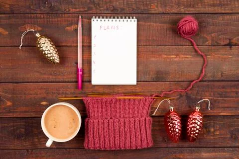 Flatlay background with knitting, coffee and a copyspace Stock Photos
