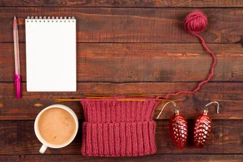 Flatlay background with knitting, coffee and a copyspace Stock Photos