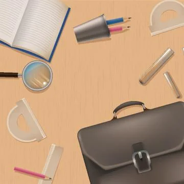 Flatlay of briefcase and stationeries Stock Illustration