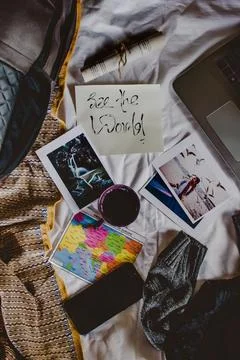 Flatlay-of-coffee-and-items-ready-to-travel Stock Photos