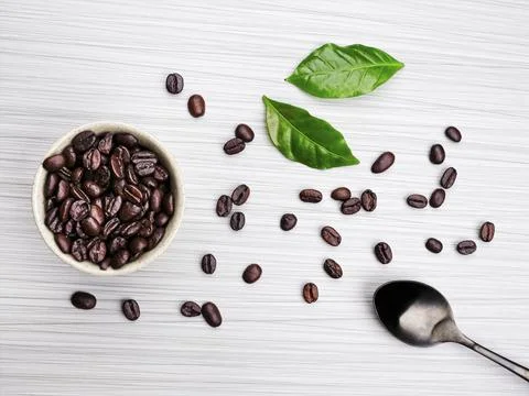 Flatlay of coffee beans, a spoon, and leaves. Stock Photos