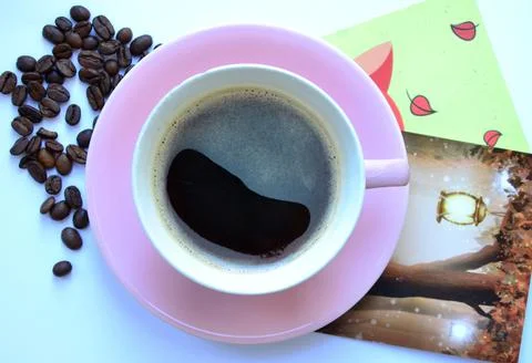 Flatlay Coffee with coffee beanand on white surface 写真素材