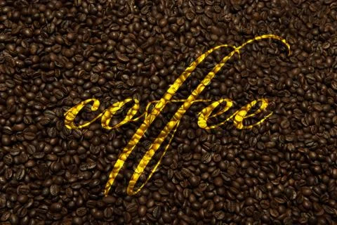 Flatlay of coffee texture background, roasted beans, with coffee text Foto stock