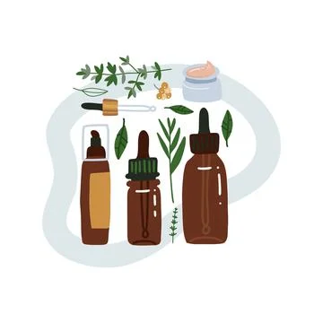 Flatlay Composition with leaf and natural organic cosmetic products in bottles Stock-Illustration